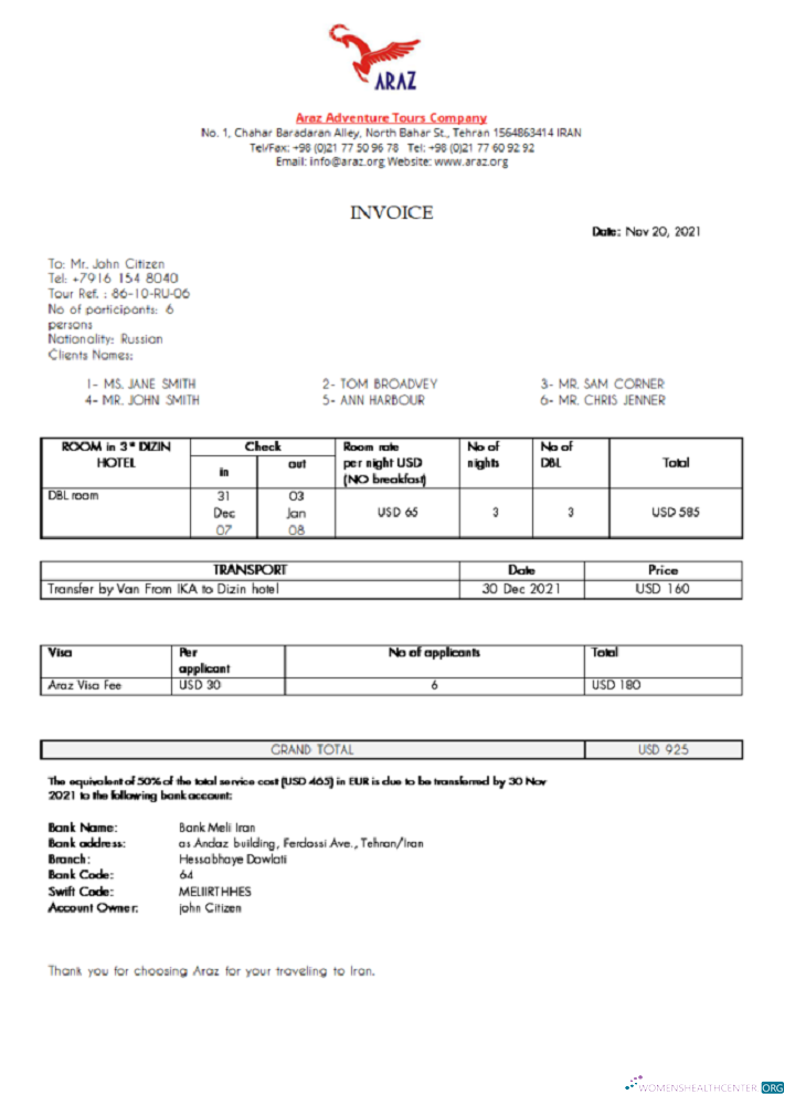Download Iran Araz Tours Company invoice Photoshop template